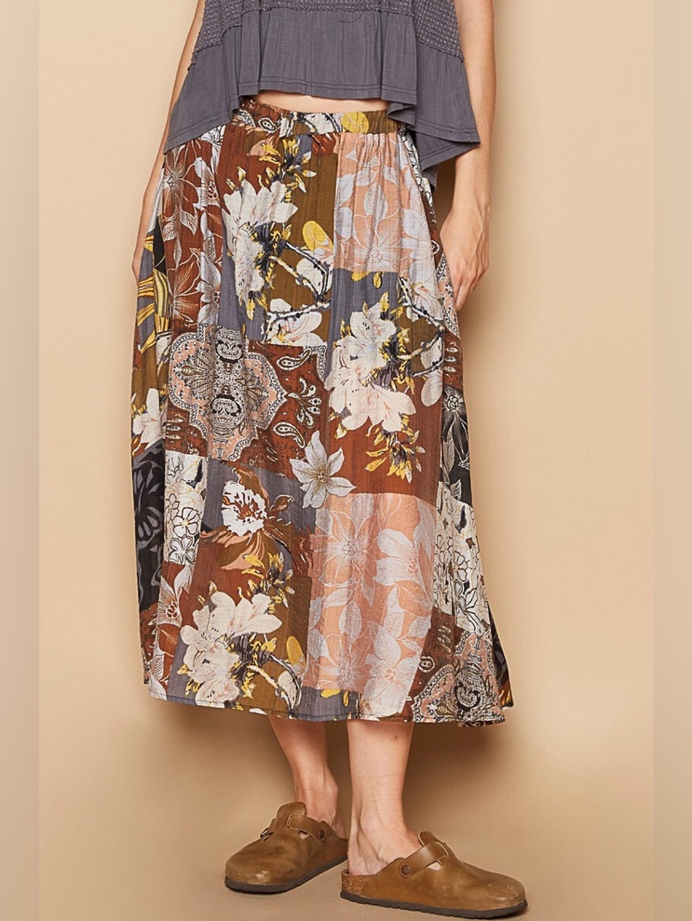POL Boho Boutique Brand Brown Neutral Multi Floral Print Pull On Maxi Skirt M